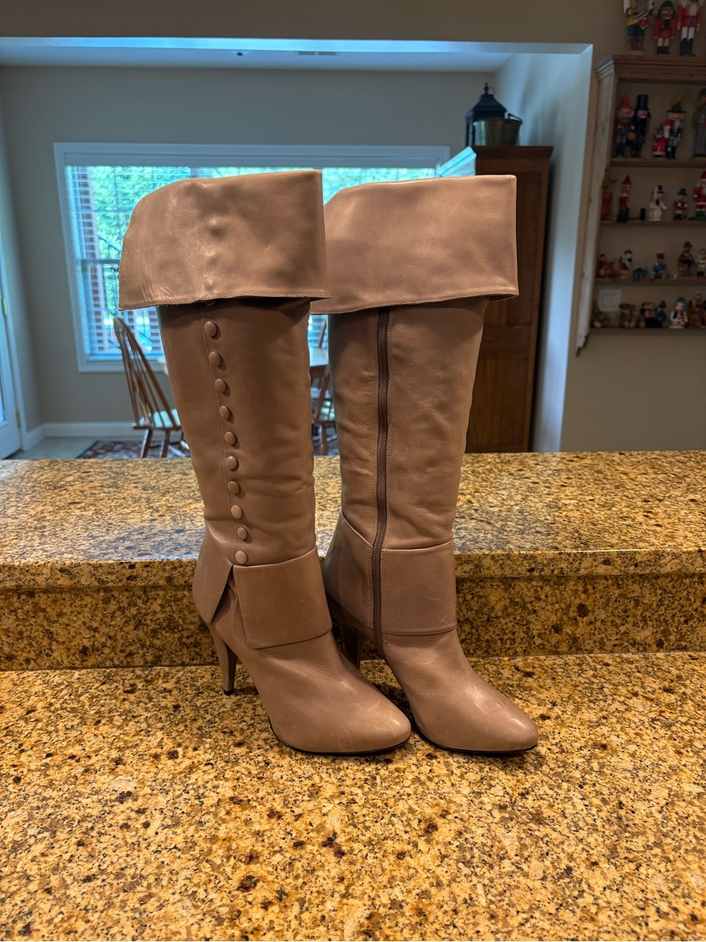 Pour la Victoire Victorella Taupe Leather Over the Knee Hi Heel Boots Size 9.5